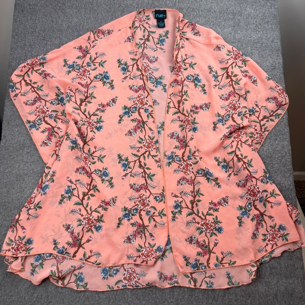 Rue21 Rue+ Kimono Cardigan Women 2X Peach Pink Floral Sheer Chiffon Layering Top